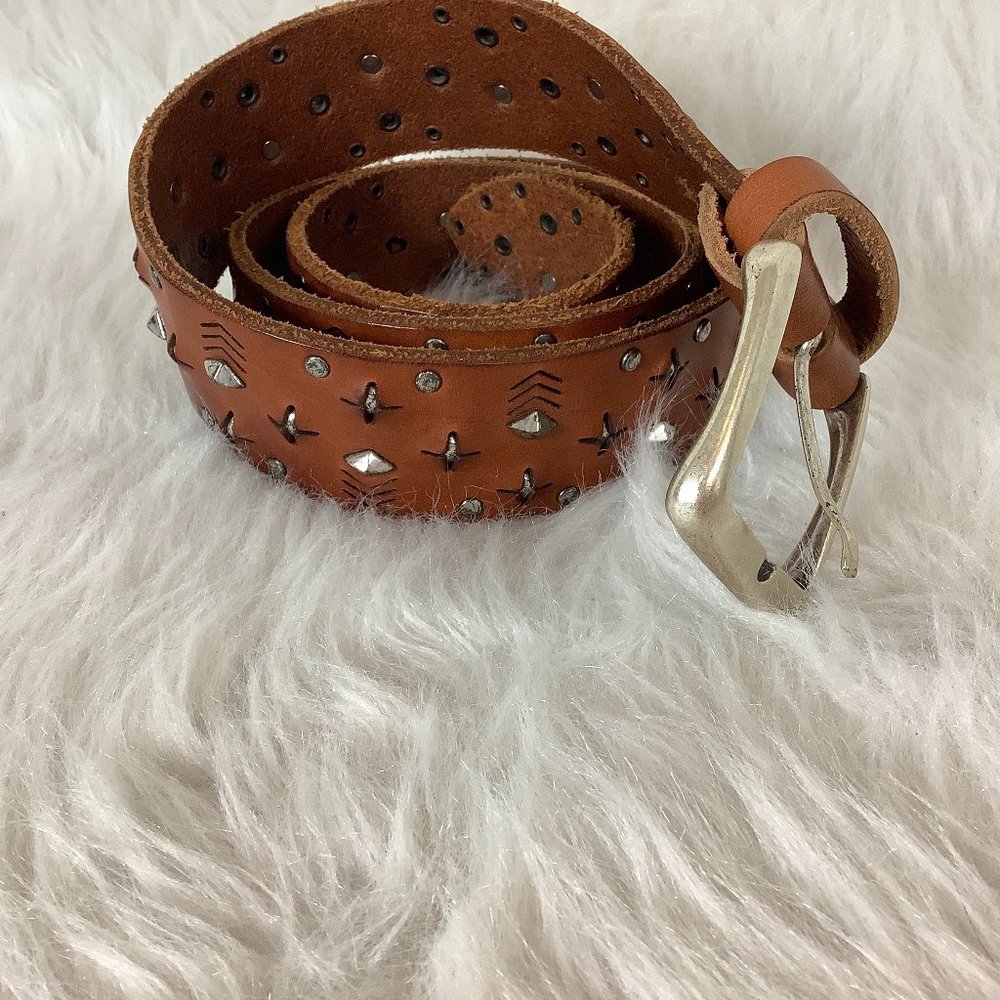 Vintage Studded Leather Brown Belt Euro Metal Buckle Made In Italy